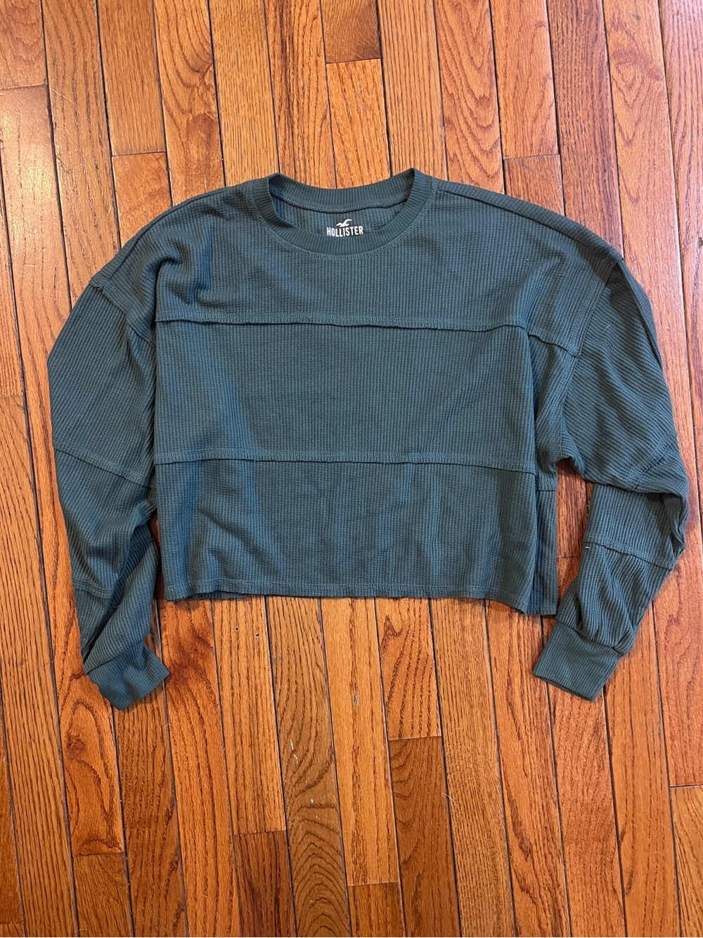 Hollister Women's Teal Waffle Knit Cropped Layered Long Sleeve Shirt